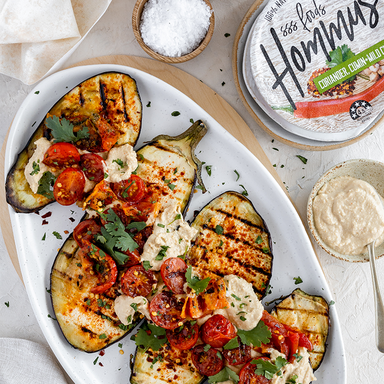 Char Grilled Eggplant with Hommus & Cherry Tomatoes (makes 2 serve)