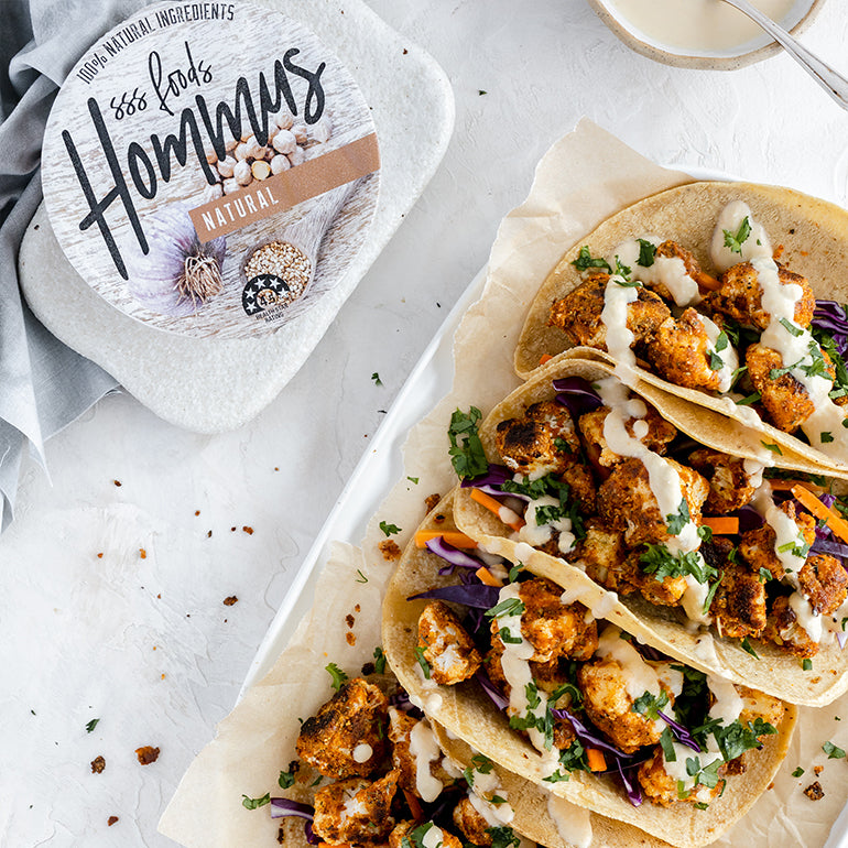 Crispy Cauliflower Tacos with Hommus Dressing (makes 2 serve)